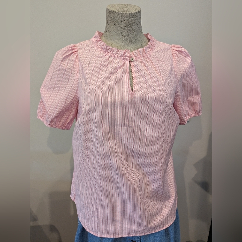 Talbots Pink Puff Sleeve Blouse with Frill Collar-Size M Petite New With Tag - Picture 11 of 11